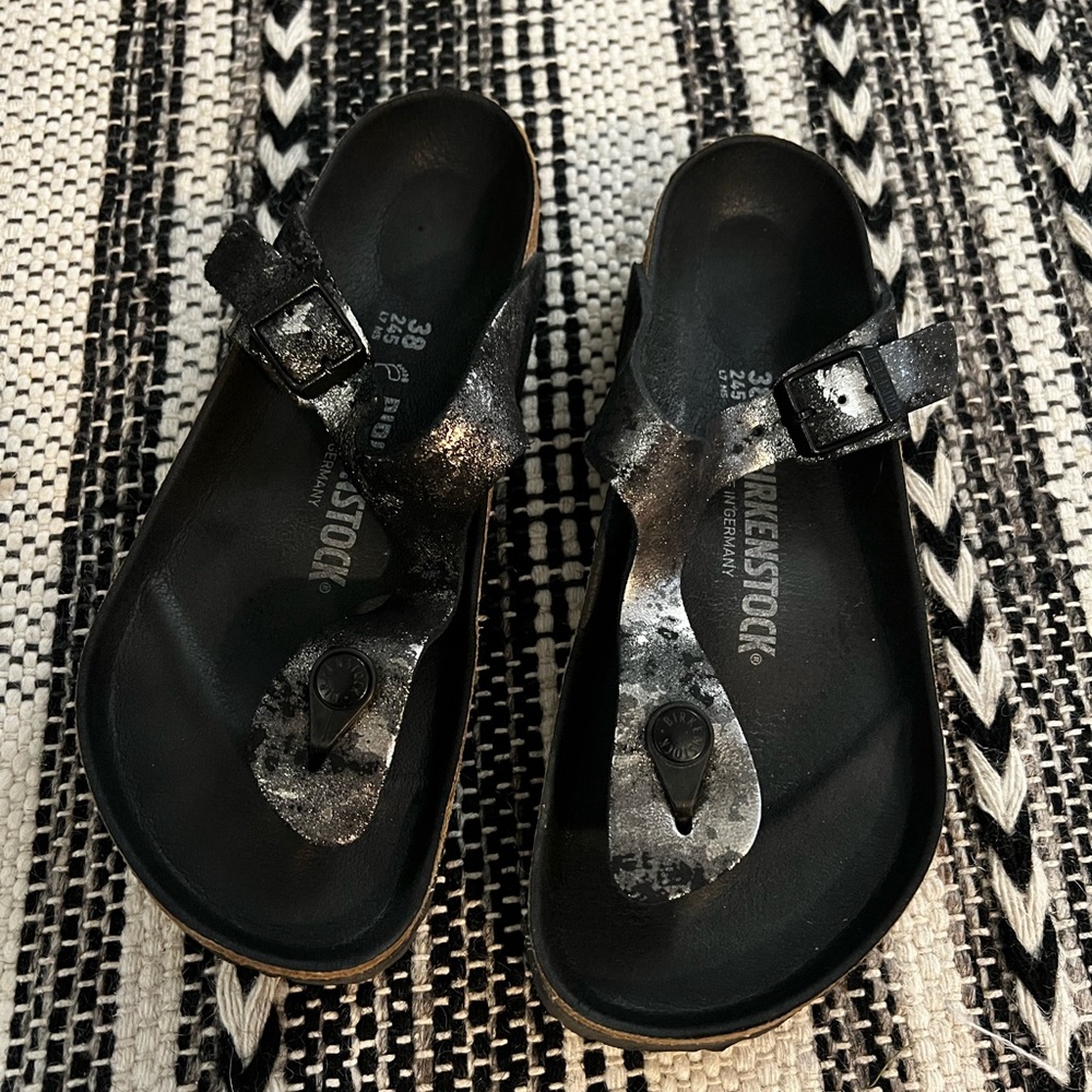 BIRKENSTOCK Black Silver Gizeh Sandals Size 38 Narrow